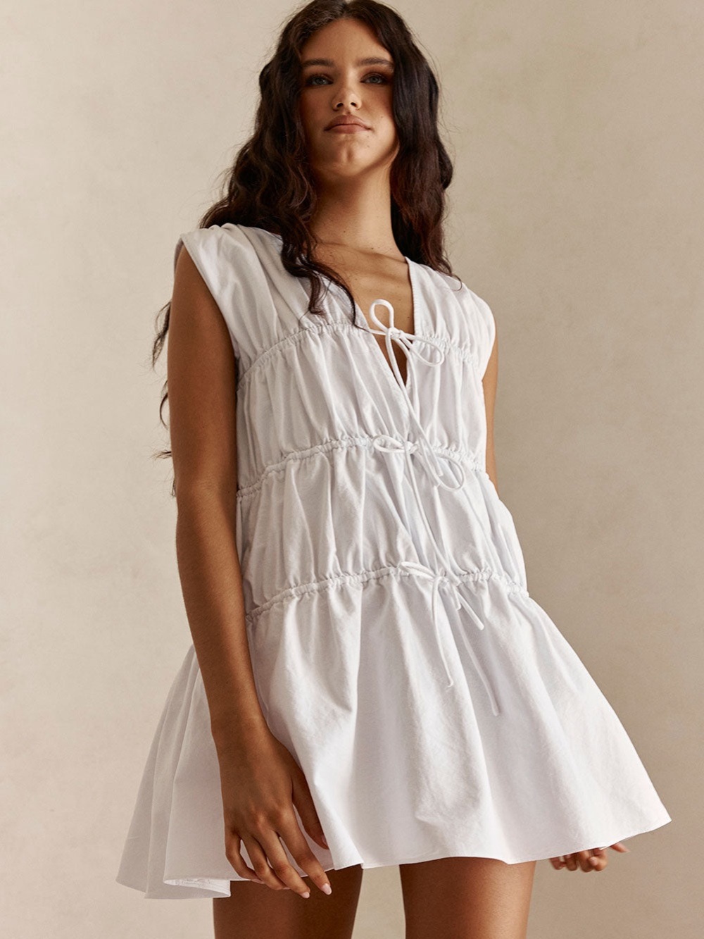 Sabo Skirt White Tiered Tie-Front Sleeveless Mini Dress